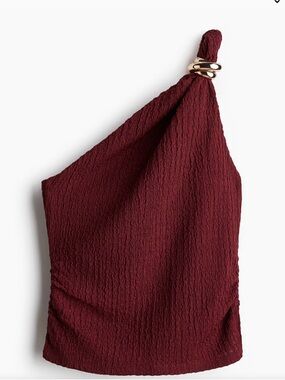 One-Shoulder Burgundy Knit Top with Gold Ring